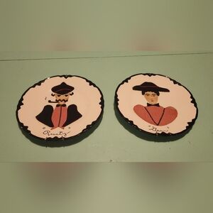 Vintage Folk Art 1950's Decorative Felt Plates with Black and Pink Design